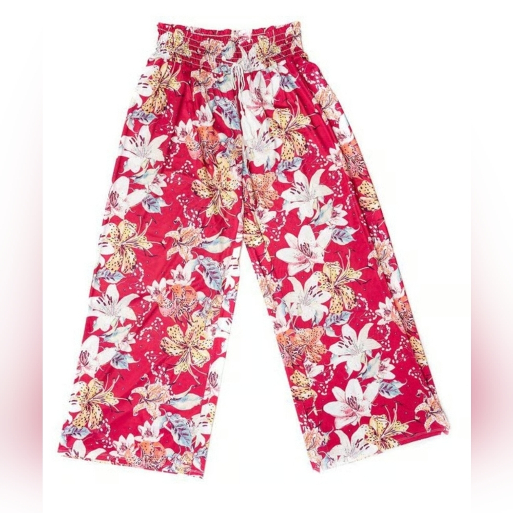 West Loop Women's Palazzo Pink Floral Wide Leg Elasic Waist Pants Sz XL